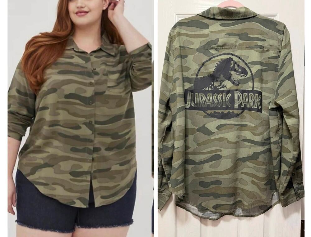 Torrid 2 (2X 18/20) Jurassic Park Dinosaur T Rex Challis Button Up Camo Shirt